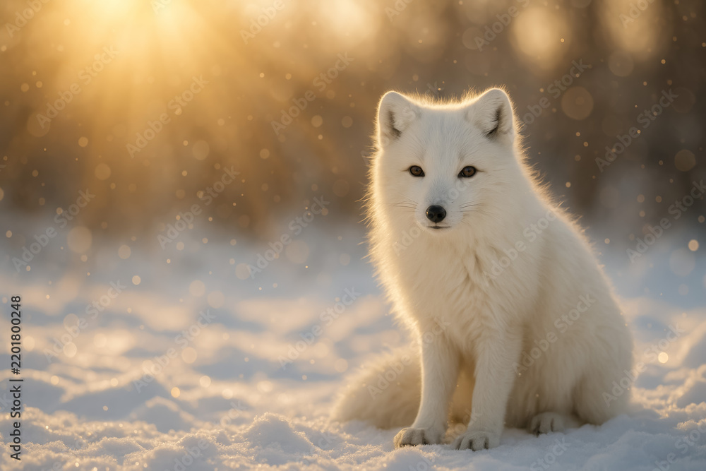 Fototapeta premium White arctic fox sitting in snow beneath golden sunlight