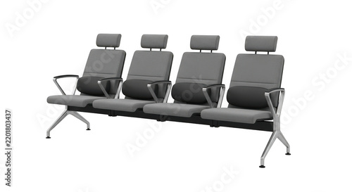 Four grey airport waiting chairs isolated on transparent background