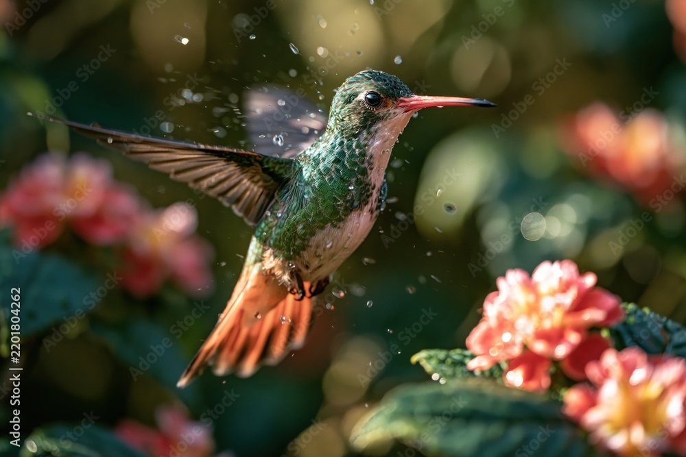 Obraz premium Hummingbird flying near flowers during sunny day in garden