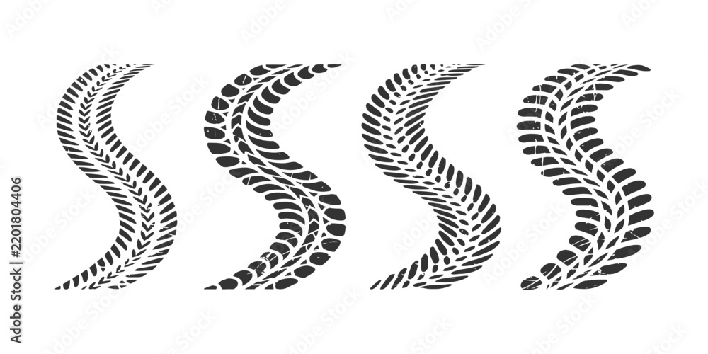 Fototapeta premium Set of curved black tire track marks vector illustration isolated on white background.