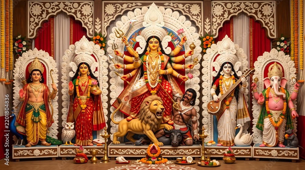 Fototapeta premium Traditional durga puja pandal display with goddess durga with saraswati ganesha kartikeya