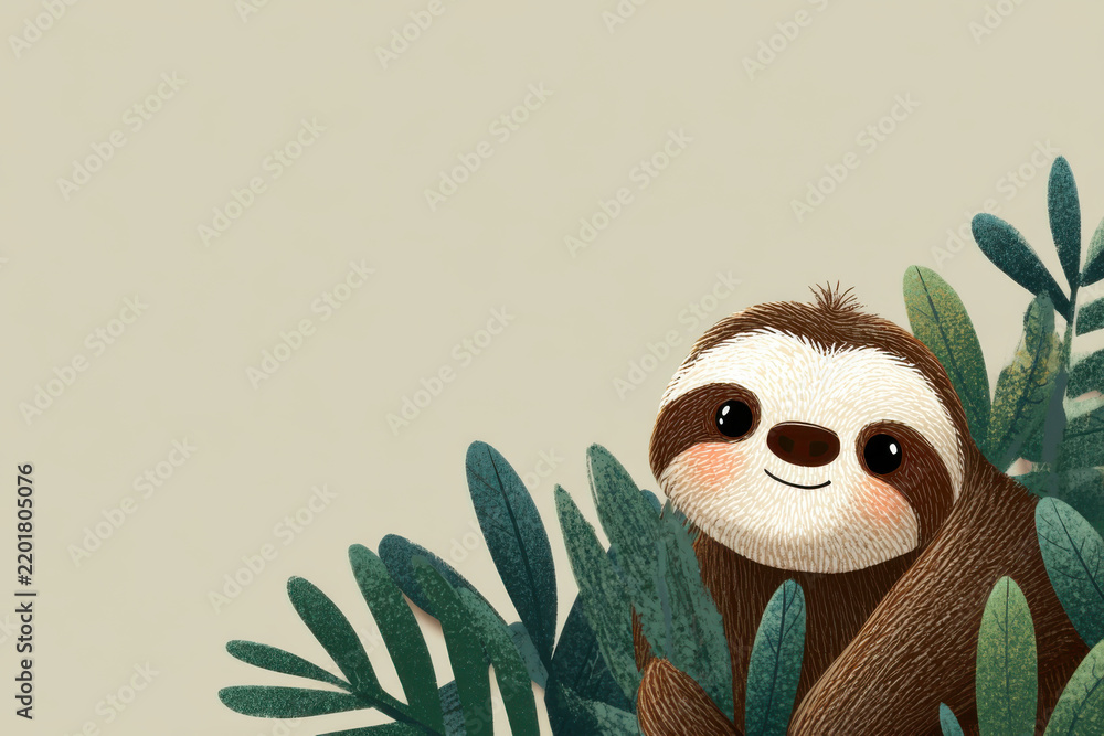 Fototapeta premium Smiling sloth hiding in the rainforest vegetation