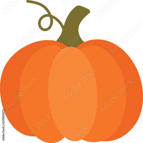 Simple flat vector orange pumpkin with a curved stem and decorative vine, isolated on a transparent background.
