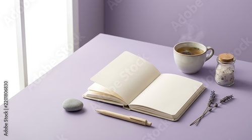 Open notebook with blank pages resting on a purple table next to steaming herbal tea