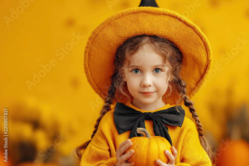 Cute little girl with braided hair wearing yellow hat and sweater holding a small pumpkin autumn portrait