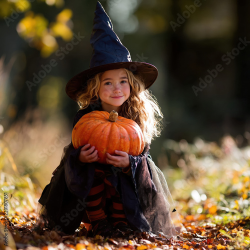 Cute little girl dressed as witch holding a large pumpkin during autumn outdoor celebration