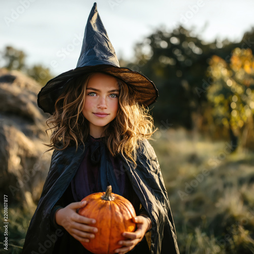 Young girl dressed as witch holding pumpkin outdoors during autumn, Halloween costume celebration concept