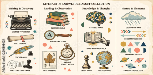 Books halftone art collage cut outs set. Various paper clipping shapes, hands holding open books stickers with vintage dotted texture and doodles. Modern retro grunge mixed media vector illustration