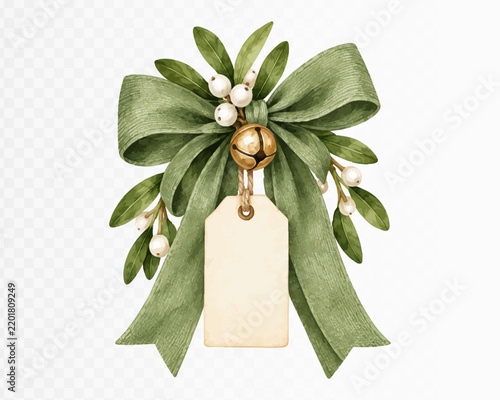 Sage green Christmas bow with mistletoe bell and blank gift tag