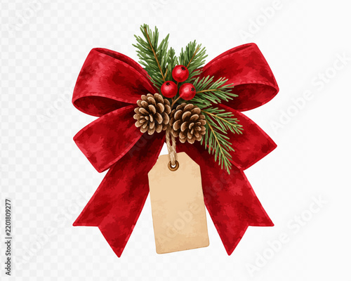 Red velvet Christmas bow with pinecones and a blank gift tag