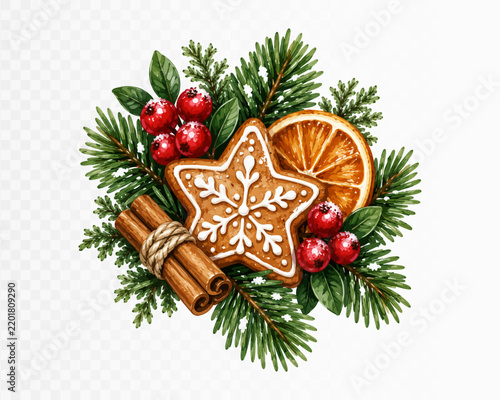 Christmas greenery with gingerbread star orange and cinnamon