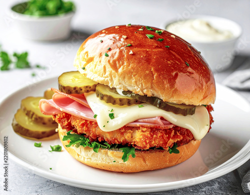 Brioche bun with a chicken cutlet, deli ham, American cheese, pickles and mayo, diner style. AI