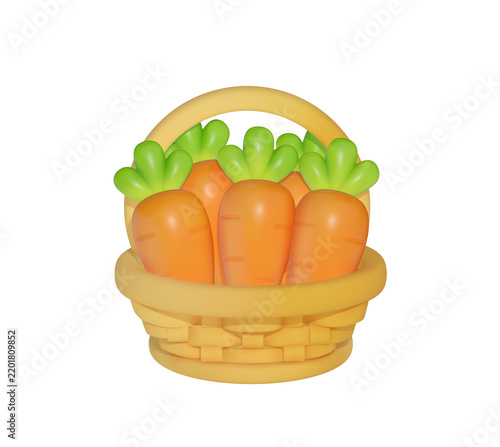 3D Basket of Fresh Carrots Illustration — Rounded wicker basket filled with bright orange carrots and green tops, soft cute 3D style.