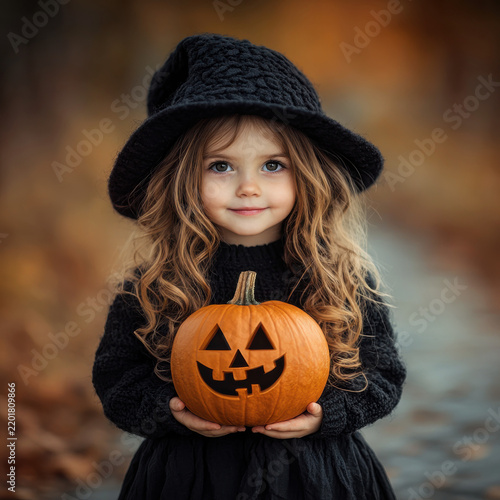 Smiling young girl with curly hair wearing black hat holding carved Halloween pumpkin outdoors