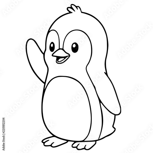 Cute baby penguin waving vector illustration, black and white coloring page for kids