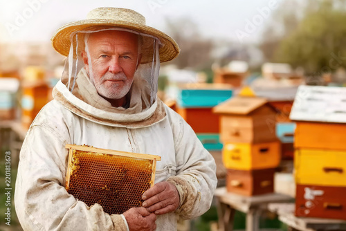Experienced beekeeper holding honeycomb frame wearing protective suit at apiary with colorful beehives outdoors