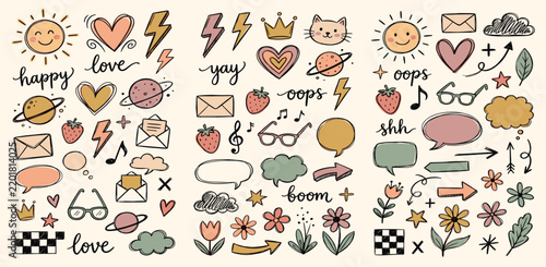 Collage funny elements set, cut out of paper hand drawn doodles, scribble shapes collection. Grunge clipping funky element stickers for scrapbook Vector illustration isolated on transparent background