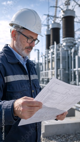A professional engineer wearing a white safety helmet and glasses examines detailed blueprints at an electrical substation. The setting features industrial electrical equipment and transformers under