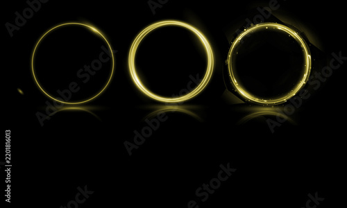 Three glowing rings on a dark reflective surface with a blurred background