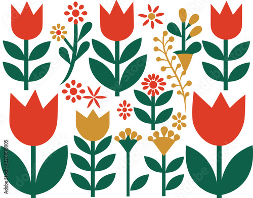 Pattern of colorful stylized tulips and flowers
