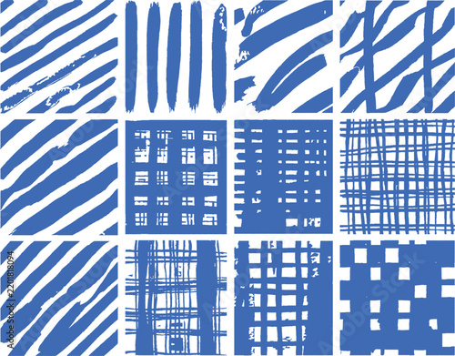Set of abstract patterns blue brush strokes vector set seamless textures background