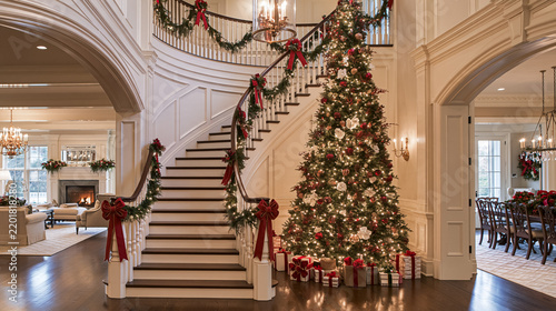 Grand entrance hall in a luxurious home, featuring a towering Christmas tree with lights and presents, and a staircase adorned with festive garlands