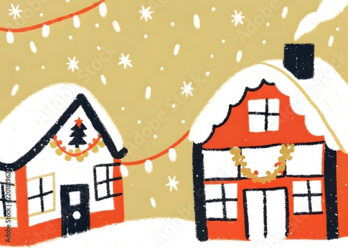 Cozy winter village with festive lights during snowfall a charming holiday scene