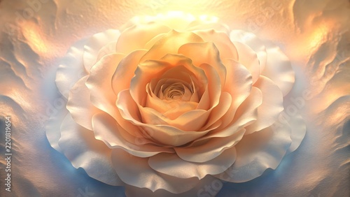 Delicate peach rose bloom with soft light and ethereal glow in a serene macro composition