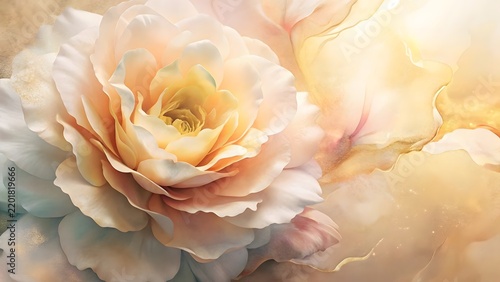 Delicate Peony bloom in soft pastel light with ethereal watercolor background for beauty and wellness themes