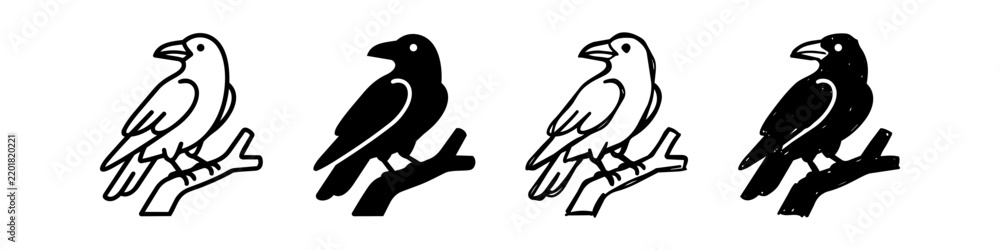 Obraz premium Black and white crow and raven icons set on a branch, featuring line art, solid silhouette, and hand-drawn sketch styles isolated on a white background.