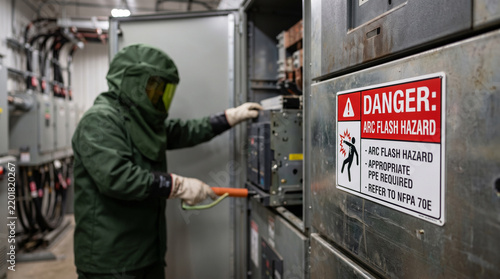 Electrical technician wearing arc flash protective gear operating a high voltage switchgear cabinet