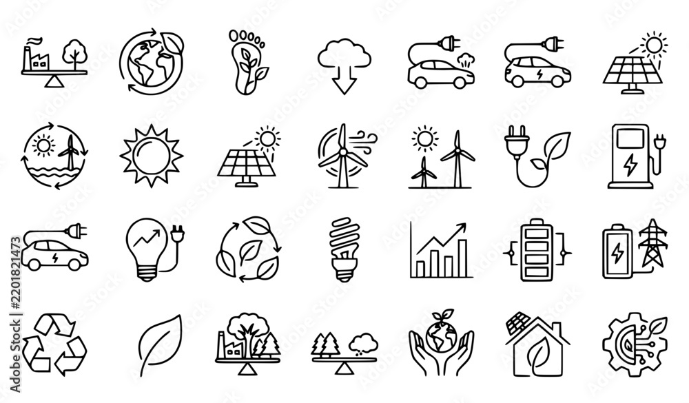 Fototapeta premium Renewable energy and ecology icons, green technology and environmental symbols vector set