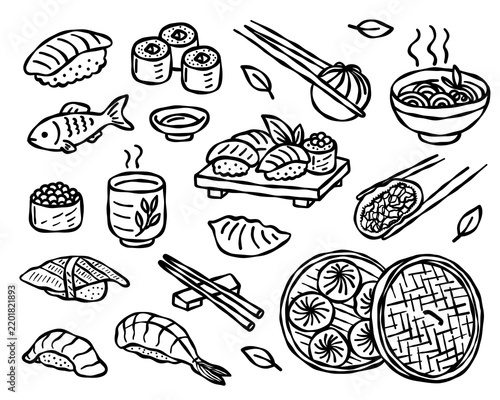 Asian food doodle set with sushi dumplings noodles and tea