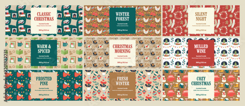 Christmas scented candle label set with cozy seasonal illustrations and typography
