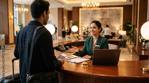 Indian female front desk employee smiling at a traveler during hotel arrival, guest standing with suitcase beside a rounded reception counter in a sophisticated upscale lobby
