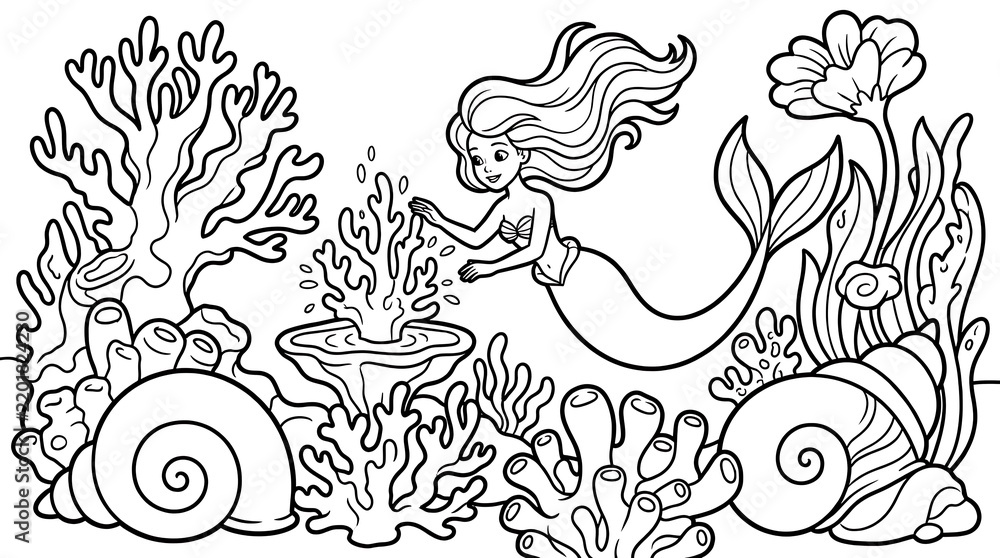 Fototapeta premium Mermaid interacting with a magical coral fountain in an underwater garden with large seashells and sea plants, line coloring page