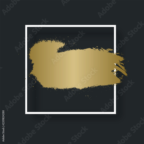 Elegant gold texture and golden grunge brush stroke and paint splashes inside a white square frame