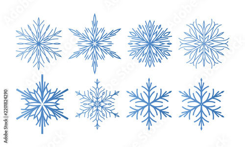 Set of beautiful blue openwork snowflakes with gradient on a white background