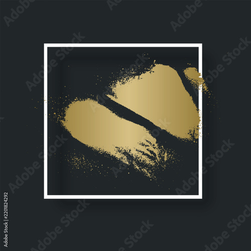 Elegant gold texture and golden grunge brush stroke and paint splashes inside a white square frame