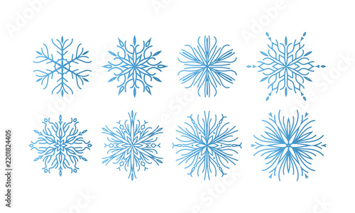 Set of beautiful blue openwork snowflakes with gradient on a white background