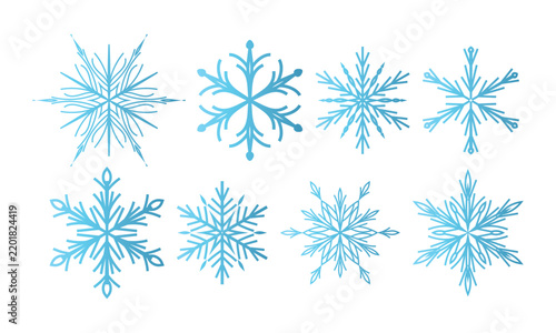 Set of beautiful blue openwork snowflakes with gradient on a white background