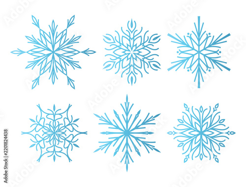 Set of beautiful blue openwork snowflakes with gradient on a white background