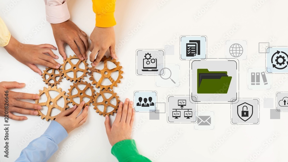 Obraz premium Collaborative Teamwork in Business Environment with Hands and Gears Symbolizing Innovation, Strategy, and Success in Technology and Project Management. Entropy.