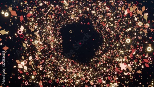 Seamless looping animation of flying through a star shaped particle tunnel filled with festive Christmas icons. Ideal for holiday promos, festive video backdrops, and seasonal celebration graphics.