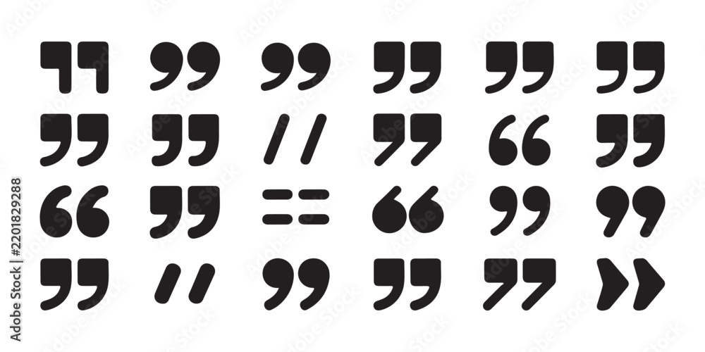 Fototapeta premium Double quotation marks icons collection featuring diverse typographic styles for quotes and citations design.