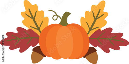 Flat vector autumn composition featuring an orange pumpkin surrounded by colorful oak leaves and acorns.