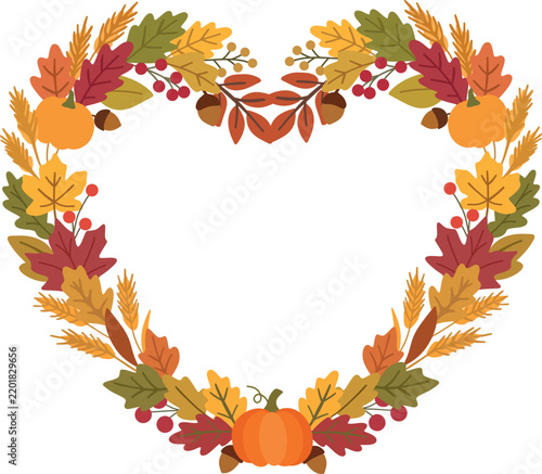 Colorful flat vector autumn wreath with pumpkins, wheat, berries, acorns and seasonal leaves arranged in a decorative circular frame.
