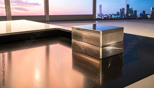 Luxury minimalist interior with reflective table and city skyline.