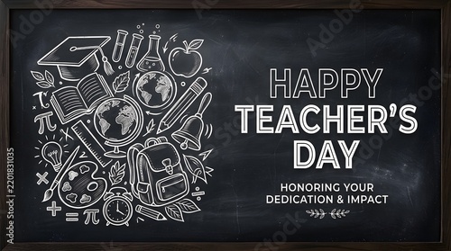 Happy teachers day chalkboard background with handdrawn school supplies, education icons, and motivational text for celebrating educators and their dedication to learning and student growth