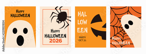 Happy Halloween Poster Templates Set with Cute Ghost, Spider, Web, and Pumpkin Face